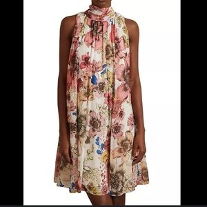 Reiss Women Kady Floral Mini Dress Size 6 Sleeveless Tie Neck Viscose